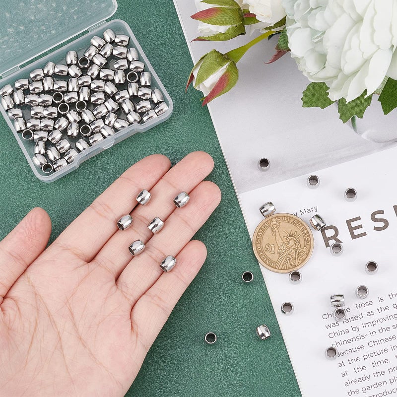 UNICRAFTALE 100pcs 6mm Barrel Pattern Spacer Beads Stainless Steel Loose Beads Metal Small Hole Spacer Beads Parachute Cord Bead Finding for DIY Bracelet Necklace Jewelry Making Hole 4mm - Image 2